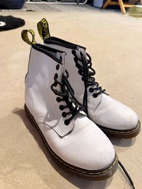 Dr. Martens White Leather 8-Eye Lace-Up Boots with Yellow Stitching